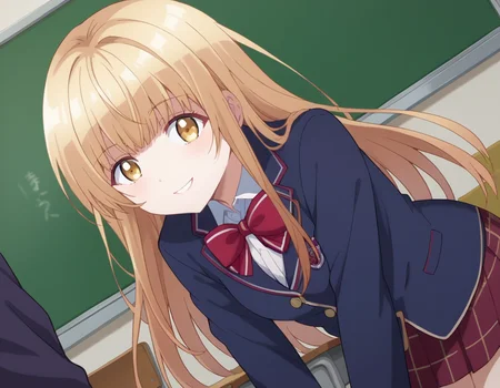 score_9, score_8_up, score_7_up, source_anime,
mahirushiina, <lora:mahiru-shiina-s1-ponyxl-lora-nochekaiser:1>
mahiru shiina, bangs, blonde hair, brown hair, yellow eyes,
long hair, skirt, bow, school uniform, jacket, pleated skirt, plaid, plaid skirt, blazer, cardigan, blue blazer, red bowtie,
indoors, classroom, smile, bent over,
looking at viewer, dutch angle, cowboy shot