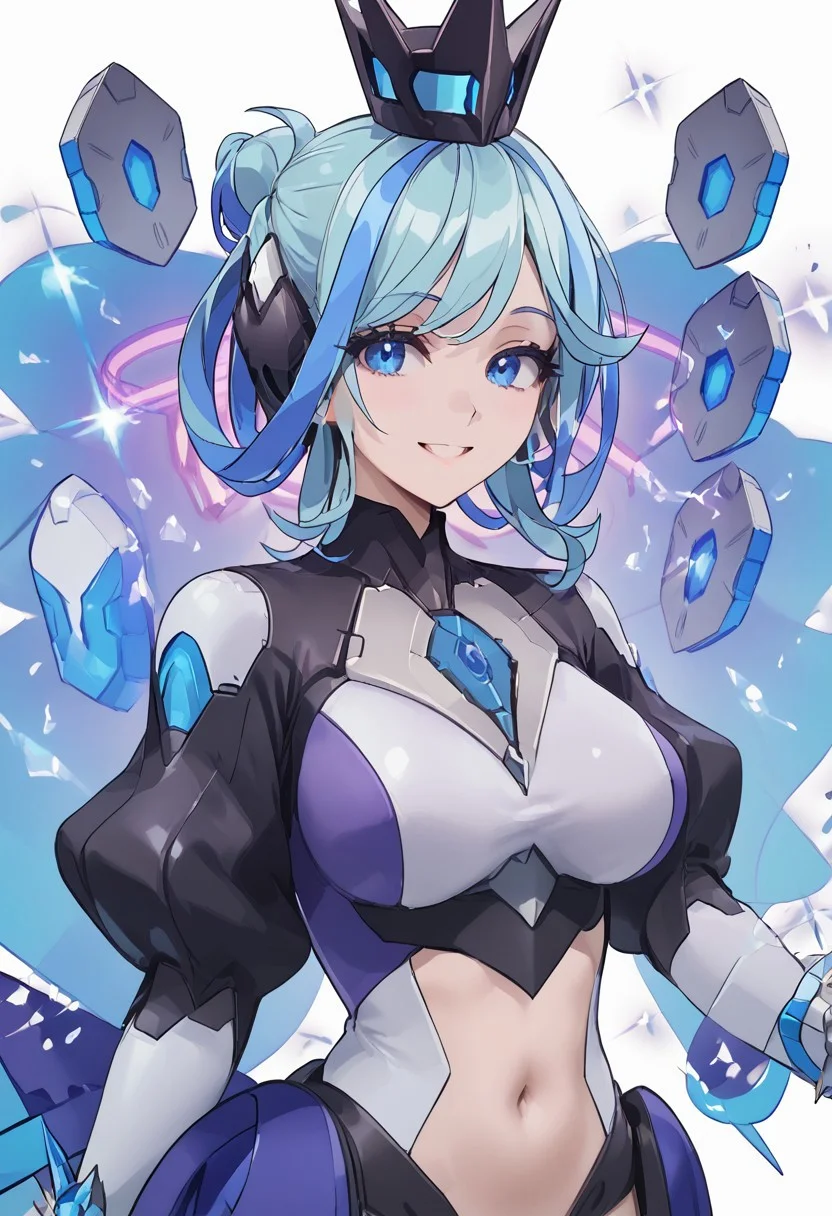 score_4,score_5,score_6,score_7_up,score_8_up,score_9 ((masterpiece,best quality,ultra detailed,highres,HD,4k:1.2)), 
1 cute girl,solo,solo focus,girl focus,face focus,
((upper body)),
blue hair,two-tone hair,multicolored hair,streaked hair,single hair bun,crown,blue eyes,large breasts, 
body suit,navel,navel cutout,thighhighs,high heels,veil,jewelry,bracelet, 
standing,smile,light smile,