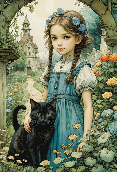cute girl and her cat in the garden, by Posuka Demizu, Arthur Rackham and Tony DiTerlizzi