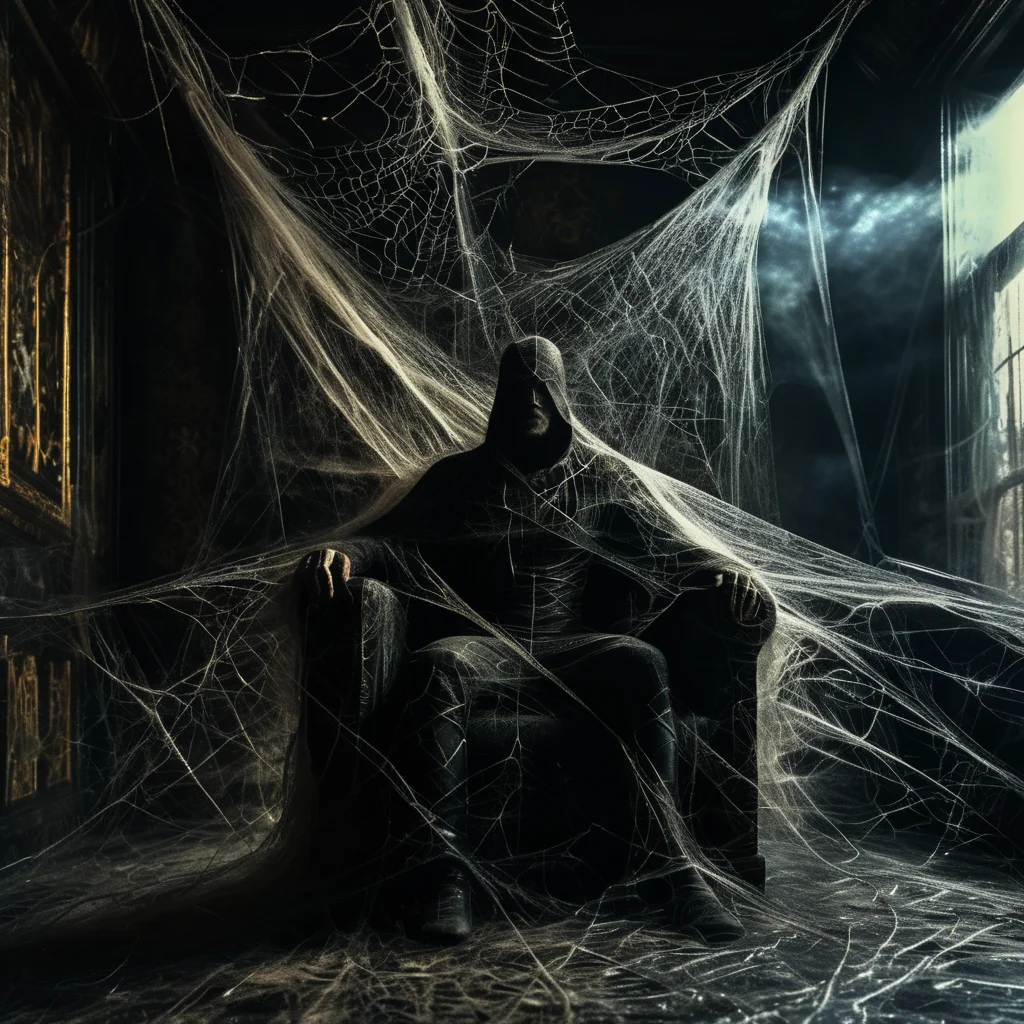 spiderweb man king on a mighty throne, entwined with cobwebs, in a dark palace room, cinematic, photorealistic very detailed, professional photo <lora:spiderweb:1>