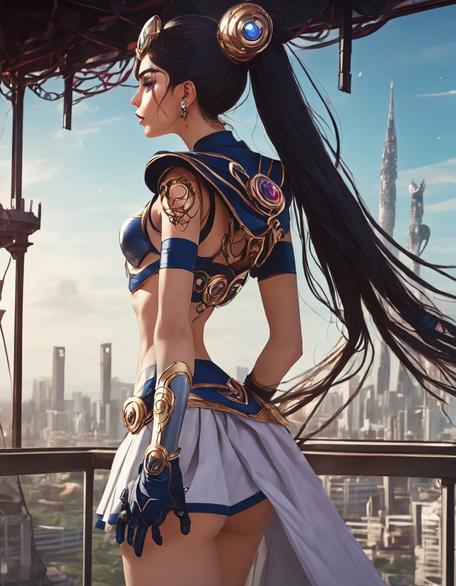 (Beautiful cyborg princess looking out over her lands from a tall tower, league of legends, long legs, belly dancer, high heels, intricate detail, cyberpunk Japan, futuristic, clean sharp focus) <lora:Dusk_XL_Goth_Moon_dadapt_cos_1e-7:0.8> 1girl, long hair, twintails, jewelry, hair bun, earrings, double bun, tsukino usagi, sailor collar, choker, hair ornament, crescent, sailor moon, skirt, gloves, very long hair