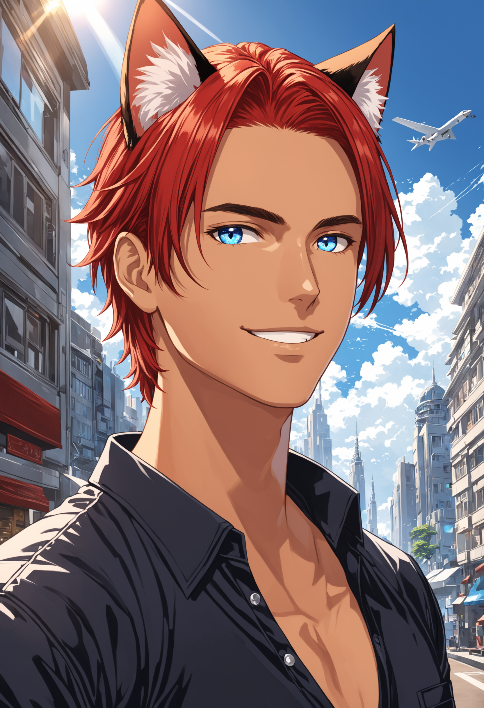 Highly detailed RAW color Photo, dynamic lighting, light bokeh, tanned skin, tan, Charlie Pe'kova, 1boy, male focus, mature male, solo, looking at viewer, short hair, blue eyes, shirt, red hair, building, extremely detailed, (highly detailed, hyperdetailed, intricate), ((DAY TIME)), (lens flare:0.7), (bloom:0.7), raytracing, detailed eyes, detailed face, science fiction, cat ears, animal ears, grin, <lora:CharlieRodriguezXL:0.4>