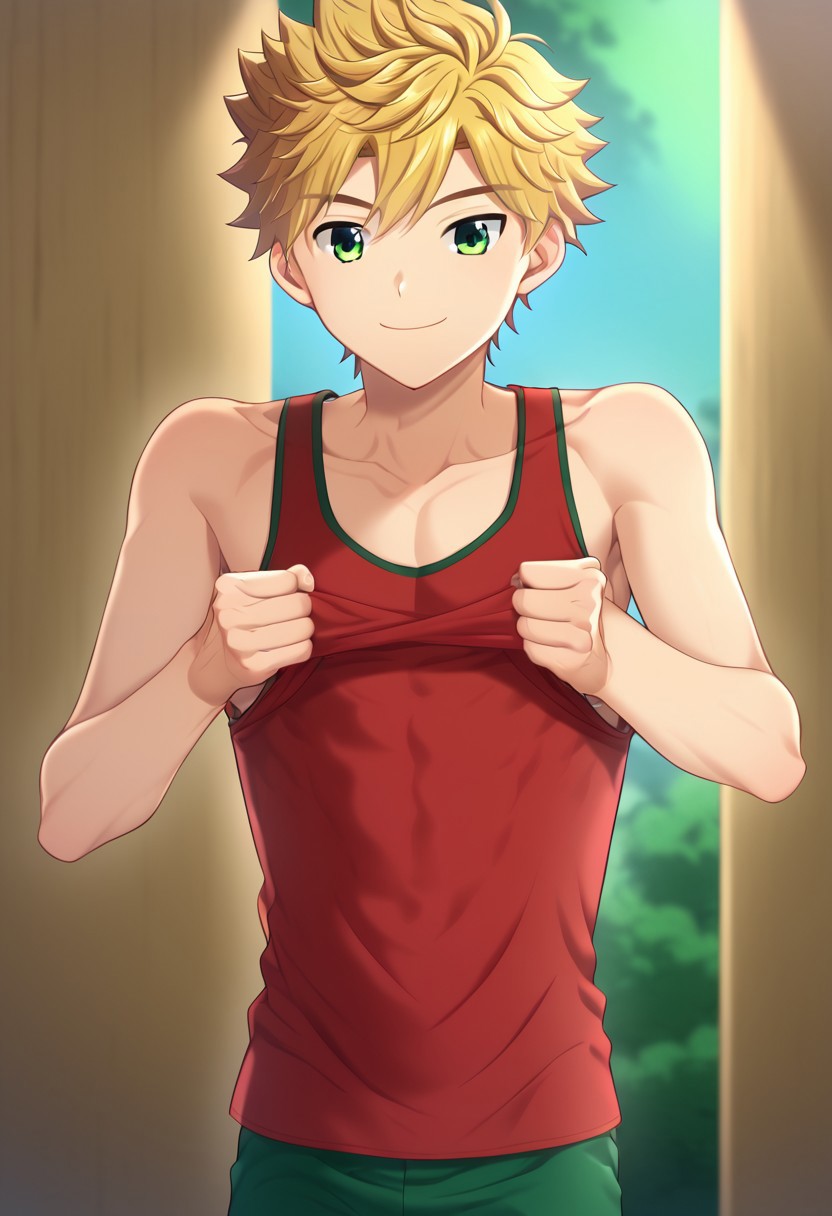 hikarishi_kenji, blond hair, short hair, bangs, green eyes, 1boy, (solo:1.20), solo focus, character with (athletic body:1.1), (balanced:1.2), red tank top, wear black trunk, smile, proportional body, strong lower body, handfixer, avarage height