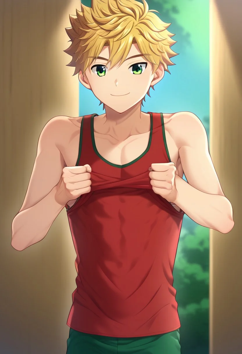 hikarishi_kenji, blond hair, short hair, bangs, green eyes, 1boy, (solo:1.20), solo focus, character with (athletic body:1.1), (balanced:1.2), red tank top, wear black trunk, smile, proportional body, strong lower body, handfixer, avarage height