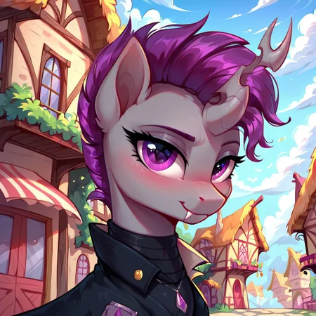 masterpiece, score_9, score_8_up, score_7_up, (best quality:1.1), ultra-detailed, high resolution, solo, Нептун Хербст, changeling, mlp, feral, ragged ears, (((beautiful detailed purple eyes))), single horn, gray skin, purple membrane mane, black coat, black neck warmer, detailed clothing, fang, highly detailed macro illustration, smiling, blushing, mlp, outside, Highly Visible, (((8k))), sharp focus, perfect lighting, anatomically correct, extremely detailed, shine on body, (Pony town), high detail, cute face, Expressiveh, detailed background, OverallDetail, zPDXL2,