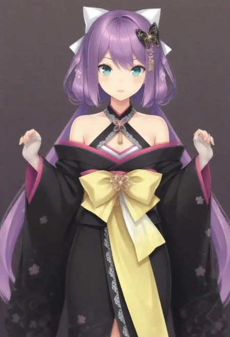masterpiece, best quality, amazing quality,,, shiny skin,,,,,,,,nijiritsuki,,green eye,purple hair,makeup,long hair,low twintails,butterfly ornament,hair bow,white bow,hair flower,nijiritsukicos,black kimono,floral print kimono,frill-trimmed kimono,lace-trimmed kimono,off shoulder,bare shoulder,x-cross halterneck,long sleeves,wide sleeves,long skirt,obi,sash,waist bow,long bow,white lace gloves,long gloves,fingerless gloves,