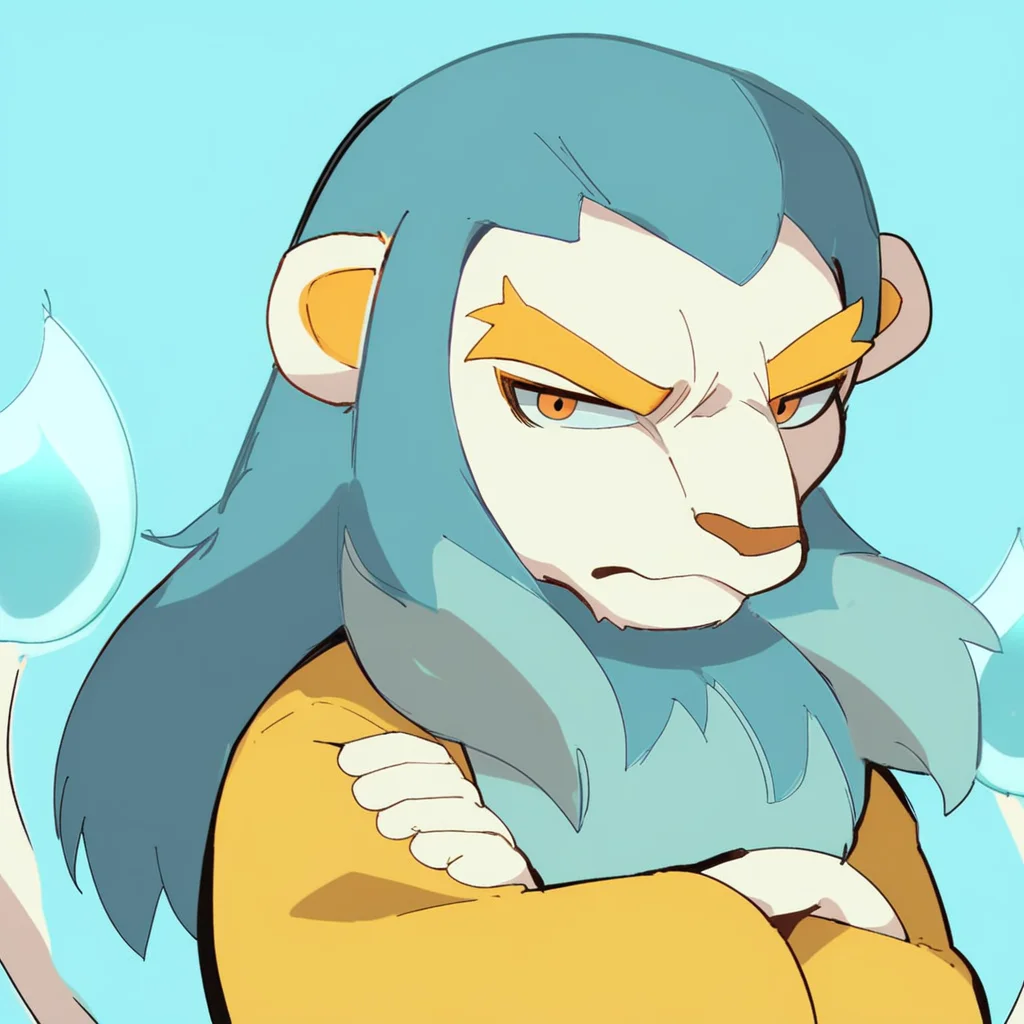 score_9, score_8_up, score_7_up, furry, Manojishi, lion, white fur, blue mane, yellow eyebrows, multiple tails, five tails, cartoon style, 2d, solo, yellow robe, arms crossed, stern expression, looking at viewer, light blue background