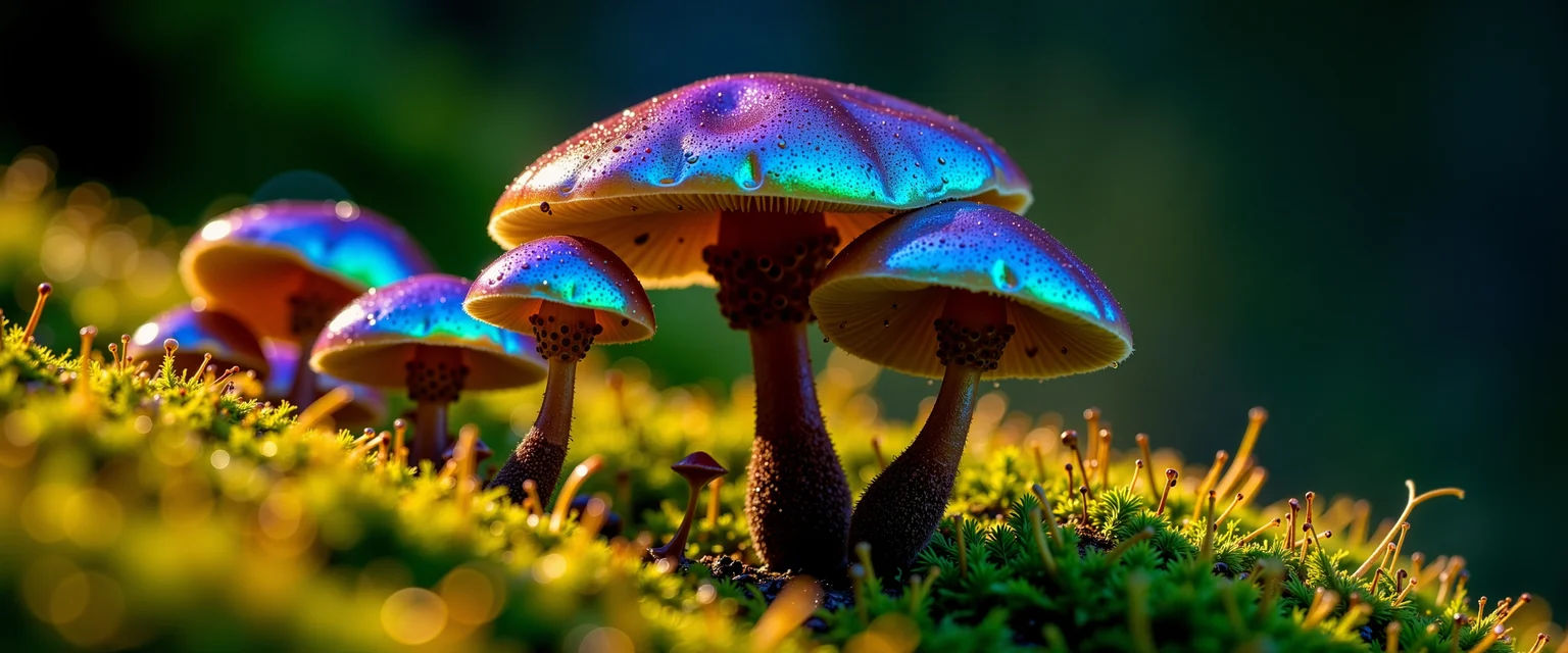 ultra-high-resolution, 8k, 4k, bokeh-macro, masterful composition, dappled sunlight, dramatic lighting, iridescence, ultra-high-resolution macro nature photography with shallow depth of field, very aesthetic, cinematic, nature documentary aesthetic with surreal color grading, a line of surreal mushrooms growing along a thick forest floor blanketed with dense, velvety moss, the fungi vary in size, with the tall ones in the center focus and smaller ones surrounding them, their caps semi-translucent and gleaming with an iridescent gradient that shifts from rich purple at the base through opalescent blue to luminous teal green at the edges, as if coated in shimmering oil film, tiny droplets of moisture cling to the caps and drip slowly from the undersides, catching the light and forming miniature lenses that distort the moss texture beneath, the mushroom stems are sculptural and alien, resembling crystal coral, with textures ranging from velvet-like filaments to clustered nodules, the background is a soft, painterly blur of deep forest hues - dark greens, cool shadows, and occasional earthy browns - enhanced with subtle bokeh that isolates the mushrooms as the focal subject, the camera is positioned low to the ground with a wide field of view, emphasizing depth and scale across the row of mushrooms, drawing the eye from foreground to background like a natural path through a miniature alien forest, lighting is dramatic and slightly filtered, reminiscent of light breaking through forest canopy gaps, casting radiant highlights along the mushroom caps and enhancing their iridescence, interplaying with shadowed folds of moss for a cinematic chiaroscuro effect, photographed with a premium macro lens and shallow depth of field, preserving sharp crystalline detail in the mushrooms and immediate moss texture while softening the distant background, conveying wonder, tactility, and luminous strangeness, <lora:flux_pro1.1_detailer-v0.3-flux-by_aidma:0.7> aidmafluxpro1.1