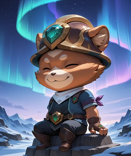 vibrant, beutiful quality, detailed background, (no lineart:0.9), detailed,
, <lora:teemo-v3-000014:1> wrthex, yordle, (plump:0.5), furry male, closed eyes,
, brown helmet, gem hat ornament, white bandana, brown_gloves, fingerless_gloves, (purple_armband), blue jacket, short sleeves, black tabard, gem belt, black sweatpants, brown knee boots, green gem,
, no headwear, sitting, aurora,