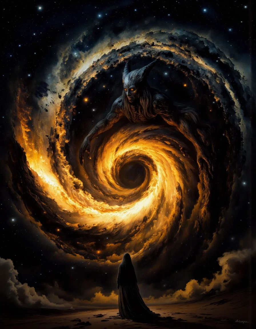 A highly detailed cinematic photograph depicting a fantastical mythic scene in Fanmytwor style.
A massive Dark Goddess looms in the infinite expanse of the cosmos, her towering, shadowy form stretching across the galaxy. Her features are haunting and majestic, with eyes like glowing voids and an open mouth revealing an abyss of swirling darkness. She tilts her head back as the blazing Sun of a distant solar system is drawn toward her maw, its radiant light dimming as it spirals into the consuming void. Around her, stars flicker and die, their brilliance fading in the presence of her overwhelming power. Her ethereal body pulses with energy, a fusion of shadows and the faint glimmers of devoured starlight, as she consumes the Sun whole, plunging the galaxy into a foreboding, eternal night. <lora:landscape:1>