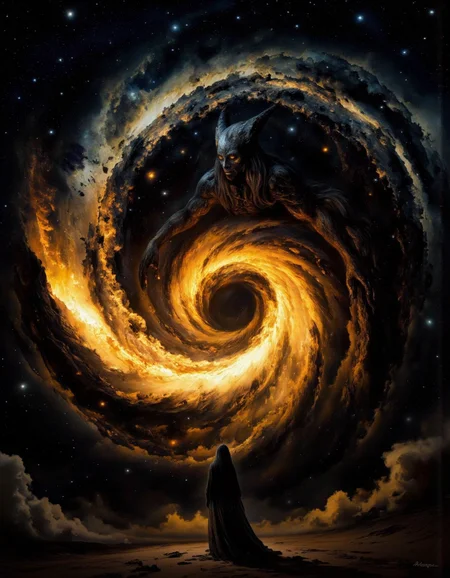 A highly detailed cinematic photograph depicting a fantastical mythic scene in Fanmytwor style.
A massive Dark Goddess looms in the infinite expanse of the cosmos, her towering, shadowy form stretching across the galaxy. Her features are haunting and majestic, with eyes like glowing voids and an open mouth revealing an abyss of swirling darkness. She tilts her head back as the blazing Sun of a distant solar system is drawn toward her maw, its radiant light dimming as it spirals into the consuming void. Around her, stars flicker and die, their brilliance fading in the presence of her overwhelming power. Her ethereal body pulses with energy, a fusion of shadows and the faint glimmers of devoured starlight, as she consumes the Sun whole, plunging the galaxy into a foreboding, eternal night. <lora:landscape:1>