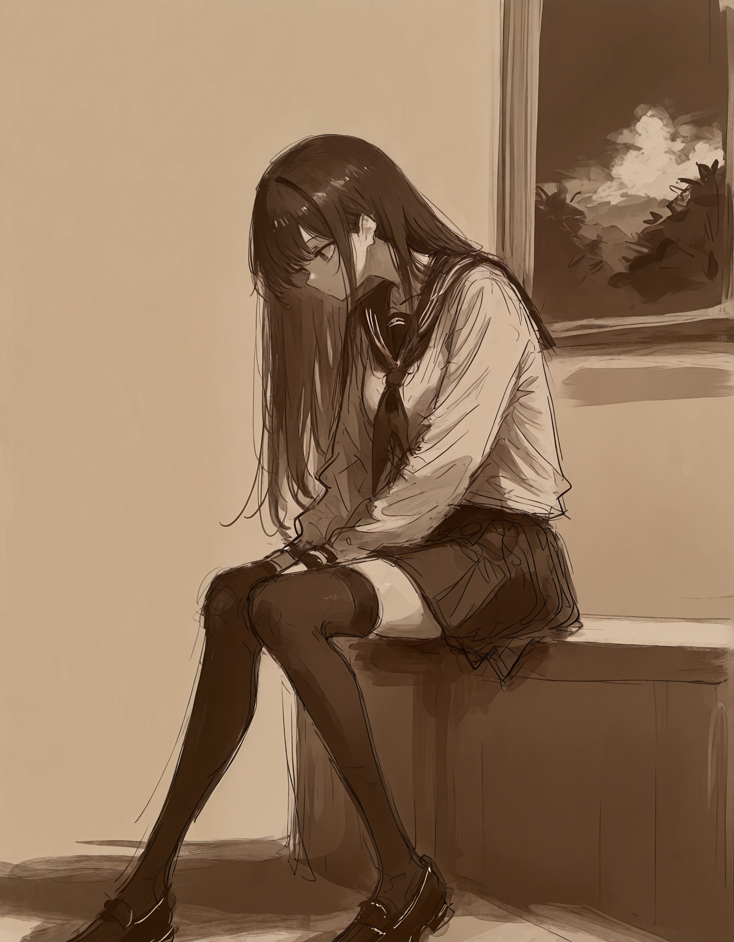 masterpiece,  best quality, newest, highres, absurdres,  <lora:fuyumur4s4ki_style:1>,fuyumur4s4ki_illu,painting \(medium\), 1girl, solo, monochrome, sepia, long hair, sitting, brown theme, skirt, sketch, school uniform, thighhighs, long sleeves
