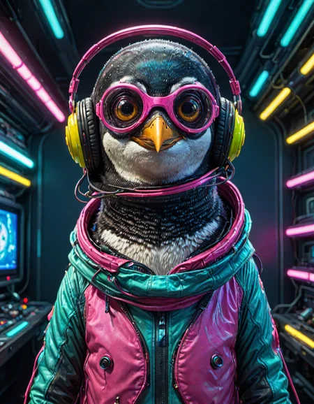 (ombre color scheme of neon pink, neon blue, neon green, neon yellow, neon yellow-red) (in the style of Zdzislaw Beksinski:1.2) (cute:1.25) (anime penguin:1.75) wearing a space helmet sitting at command chair with the lights of the consoles behind, in the style of sci - fi environments, glo - fi, aesthetic, comic, beeple, space background <lora:another-bored-particle:0.55> <lora:add-detail-XL:0.65>, subsurface scattering, ultra hd, 4k, high def, Photorealistic, Hyperrealistic, Hyper detailed, analog style, realistic, masterpiece, best quality, ultra realistic, 8k, Intricate, High Detail, film photography, soft lighting, heavy shadow