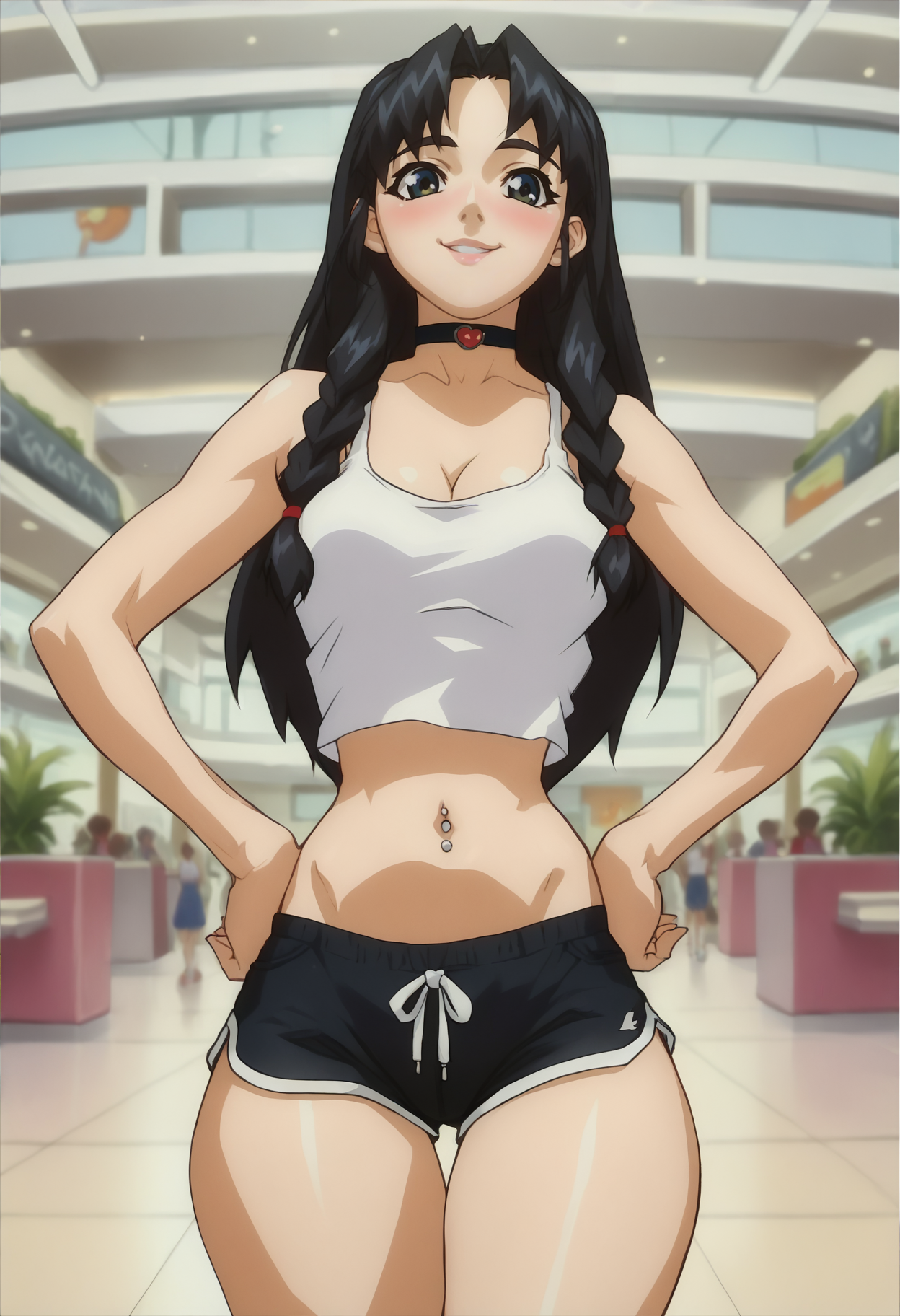 1 girl,  view from front, Masami Obari Style, 
standing, hands on own hips, 
looking at the viewer, smile, blush,
braid, long hair, black hair, 
medium breasts, narrow waists, wide hips,
dolphin shorts, white tank top, 
choker, Navel piercing,
mall, public, crew,
 <lora:Masami_Obari_Style_PonyXL:0.8>, score_9, score_8_up, score_7_up, score_6_up, score_5_up, score_4_up,