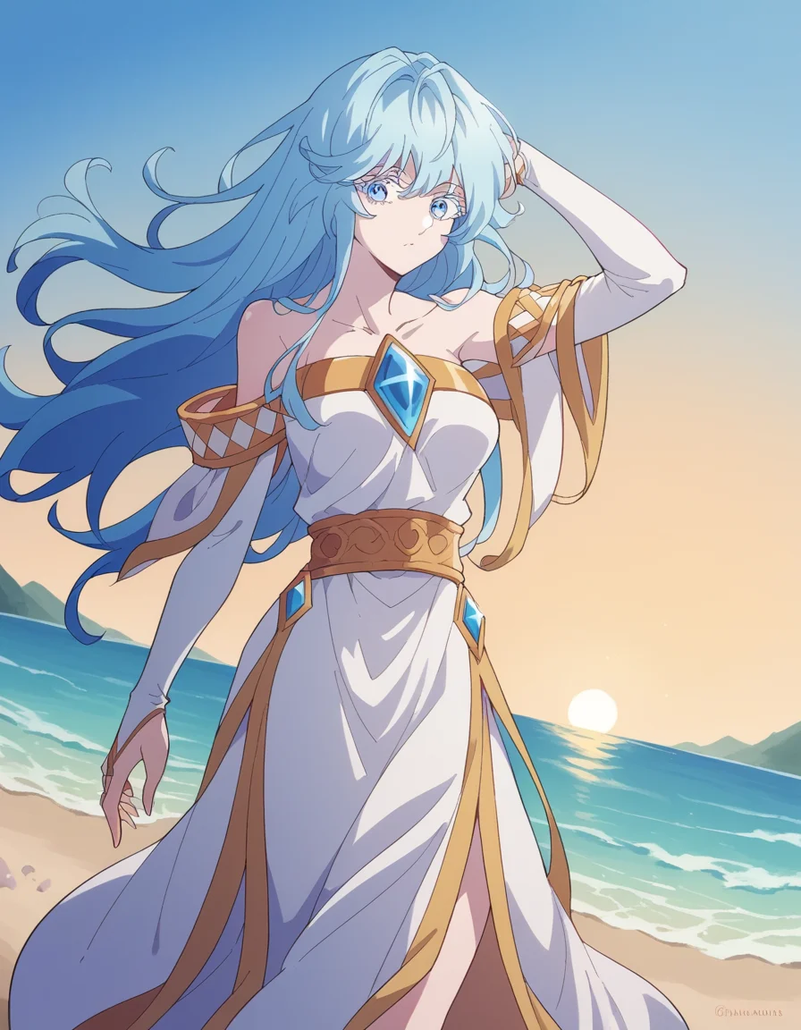 score_9, score_8_up, score_7_up, source_anime, <lora:elfaria-albis-serfort-s1-ponyxl-lora-nochekaiser:1>, elfaria albis serfort, long hair, blue hair, blue eyes, colored eyelashes, sidelocks, medium breasts,, dress, bare shoulders, collarbone, white dress, bridal gauntlets, gemstone, detached sleeves, off shoulder,, beach, sunset, walking along shore, footprints in sand, waves, peaceful, , looking at viewer, hand behind head, , solo,, cowboy shot, dutch angle