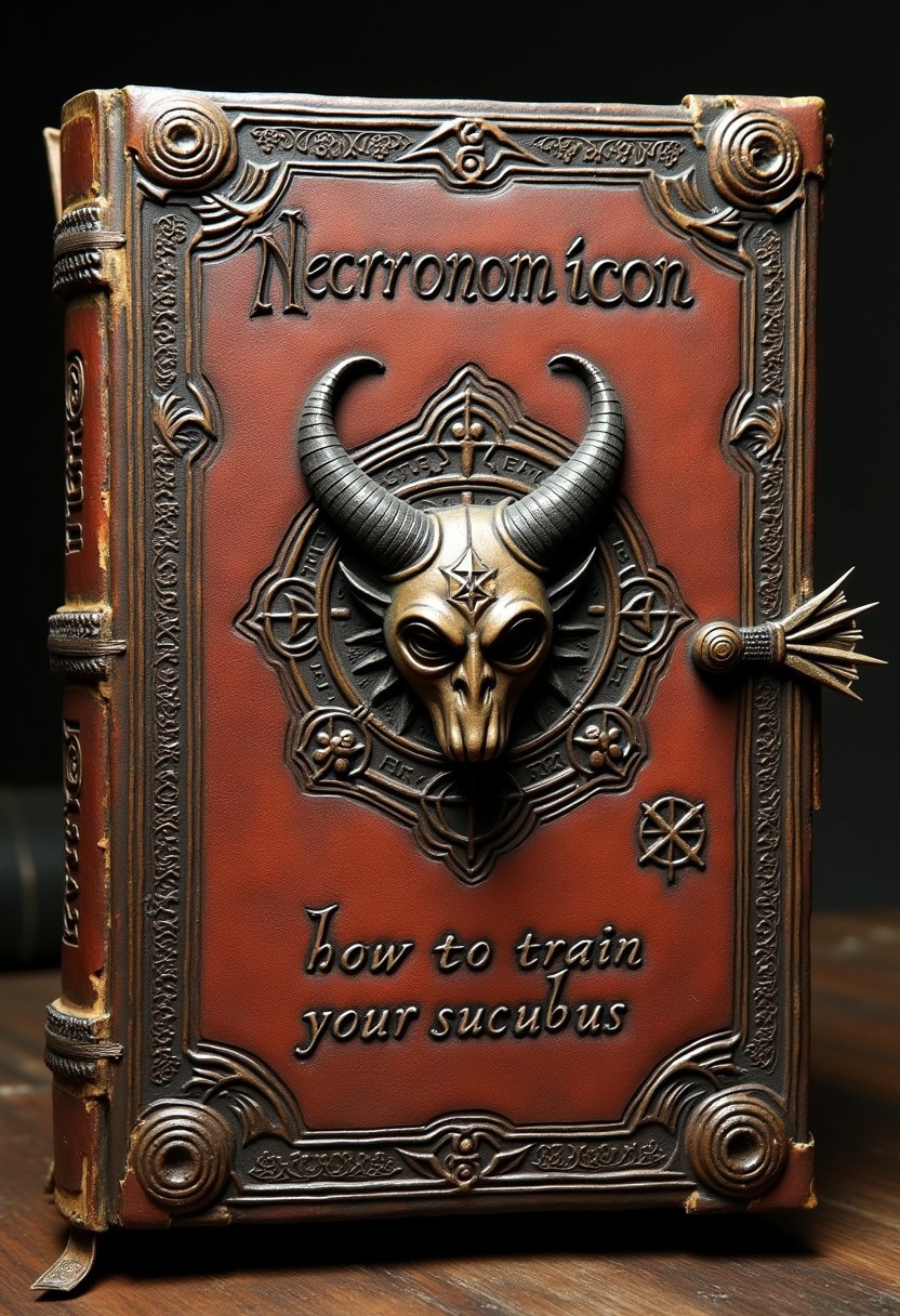 an ancient book with carved glyphs and a demonic face, the original book title "Necronomicon" written with ancient script lettering, a modern sticker on the book reads "how to train your succubus"