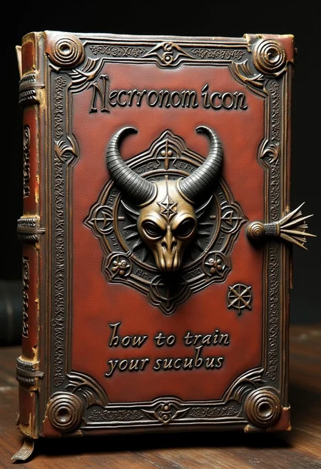 an ancient book with carved glyphs and a demonic face, the original book title "Necronomicon" written with ancient script lettering, a modern sticker on the book reads "how to train your succubus"