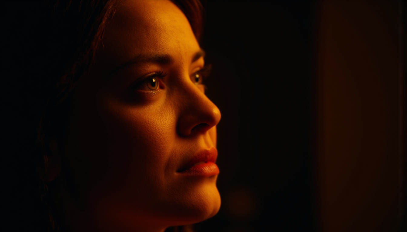 cinematic, A close-up of a woman looking up with a furrowed brow, illuminated by warm, dramatic lighting. Her expression conveys intensity or concern, with shadows adding depth to the emotional atmosphere, film grain, Short telephoto focal length, shot on ALEXA 65