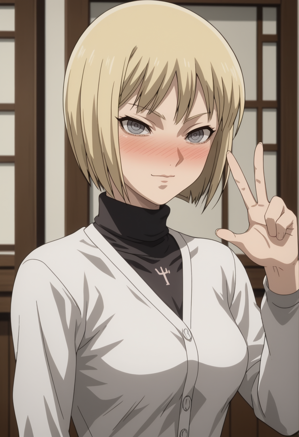 score_9, score_8_up, score_7_up, source_anime, BREAK white background, 1girl, solo, upper body,  <lora:DX888Clare:1>clare,  turtleneck sweater,  grey eyes, medium breasts, (cardigan:1.2), v pose, ,  anime screencap, drunk,  nose blush,  bubbles,