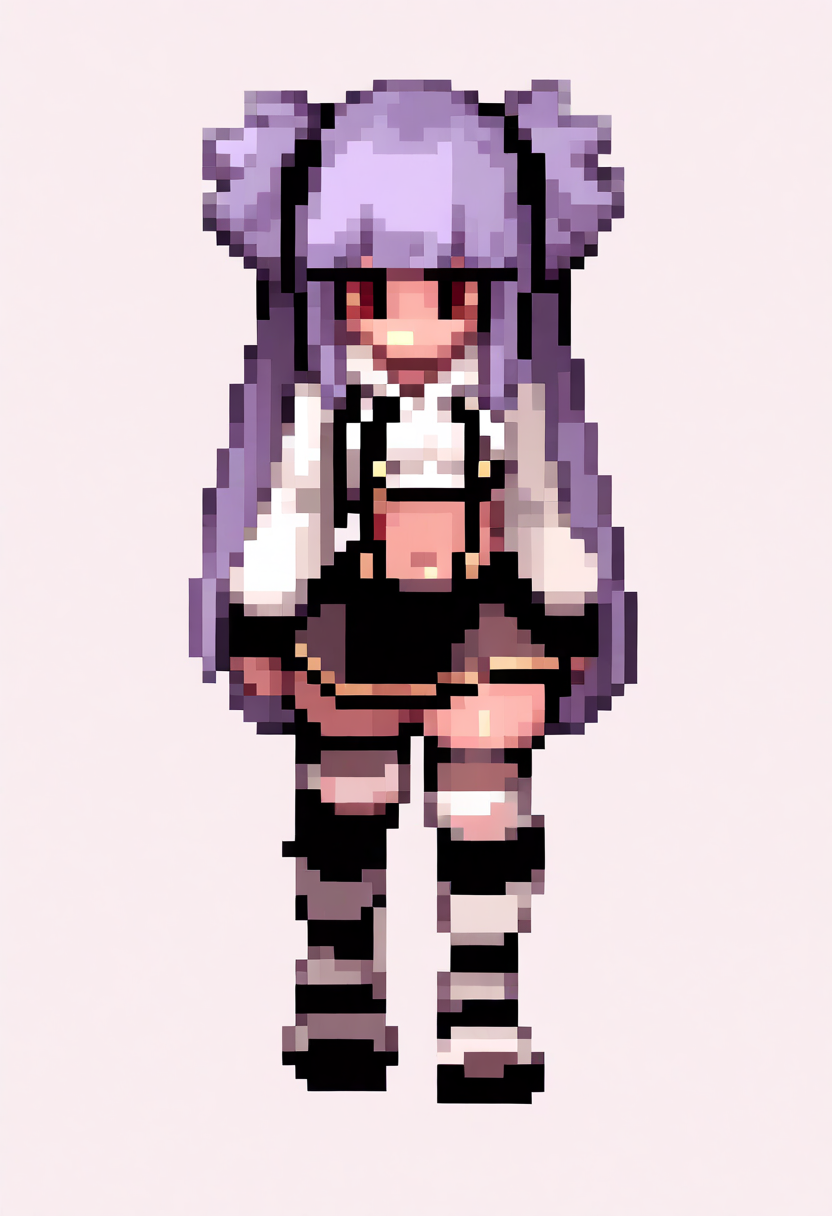 best quality, amazing quality, very aesthetic, absurdres,
pixel, 
1girl, althea, purple hair, blunt bangs, twintails, long hair, red eyes,
white cropped hoodie, white long sleeves, black suspenders skirt, navel,
medium breasts, black and white striped thighhighs,
full body, simple background, white background,  <lora:RagnarokSpriteNoob_byKonan:1>, <lora:AltheaNoobXL_byKonan:1>