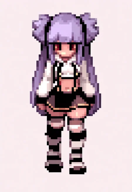 best quality, amazing quality, very aesthetic, absurdres,
pixel,
1girl, althea, purple hair, blunt bangs, twintails, long hair, red eyes,
white cropped hoodie, white long sleeves, black suspenders skirt, navel,
medium breasts, black and white striped thighhighs,
full body, simple background, white background, <lora:RagnarokSpriteNoob_byKonan:1>, <lora:AltheaNoobXL_byKonan:1>