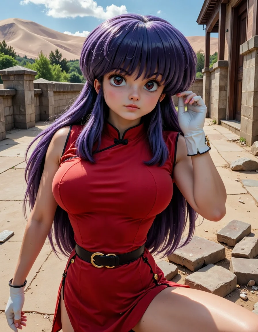 Shampoo_Ranma_Real_Final, Extreme close-up portrait of Shampoo, cropped from upper chest to mid-forearm, set in the dusty, desolate atmosphere of an abandoned battle arena. Her purple eyes burn with an intense determination, contrasting with her smooth, fair skin. Her long purple hair is slightly windswept, falling in waves around her focused face, a few strands whipping in the harsh desert winds. She wears her signature red Chinese-style dress, now slightly weathered and torn from battle, with her white martial arts gloves clearly showing signs of use. The background reveals cracked stone, broken pillars, and distant sand dunes, with the faint outline of an old coliseum looming behind her, capturing the gritty, post-battle atmosphere. [Composition: Tight 85mm lens effect, amplifying Shampoo’s unyielding strength against the harsh, post-conflict environment.]
