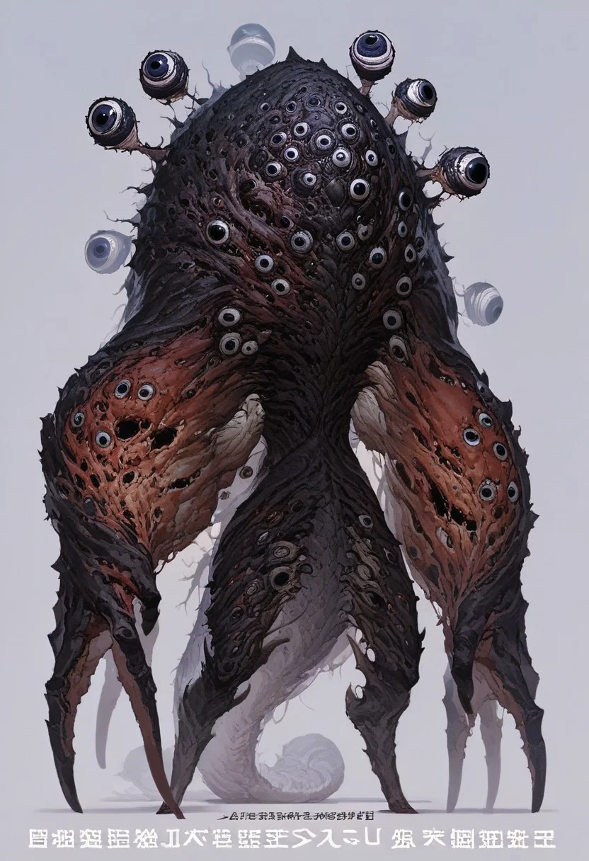 score_9, score_8_up, source_anime, anthropomorphic, unusual creature, creature, concept art, creature, A terrifying creature, has many limbs, many eyes, extra eyes, has a tail, a wide back