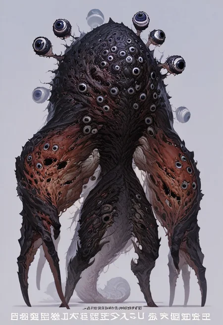 score_9, score_8_up, source_anime, anthropomorphic, unusual creature, creature, concept art, creature, A terrifying creature, has many limbs, many eyes, extra eyes, has a tail, a wide back