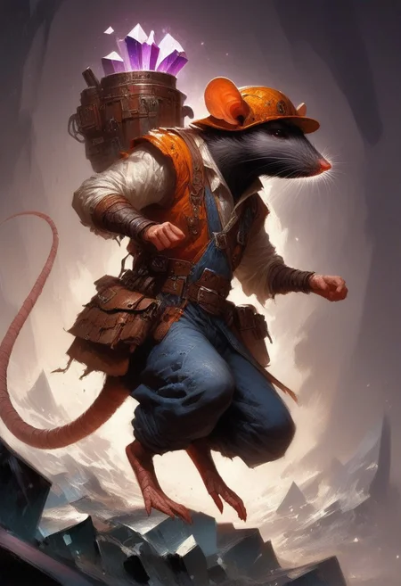 BREAK score_9, score_8_up, score_7_up, crystal caves, (mine: 1.2), purple crystals, solo, rat man, overalls, wearing goggles, brown eyes, hard hat, dynamic pose, fully body shot , (throwing bomb: 1.2) , full body shot, (one tail: 1.5)
(masterpiece, best quality, ultra detailed, intricate details:1.2), (detailed face:1.1), (rat folk:1.5)