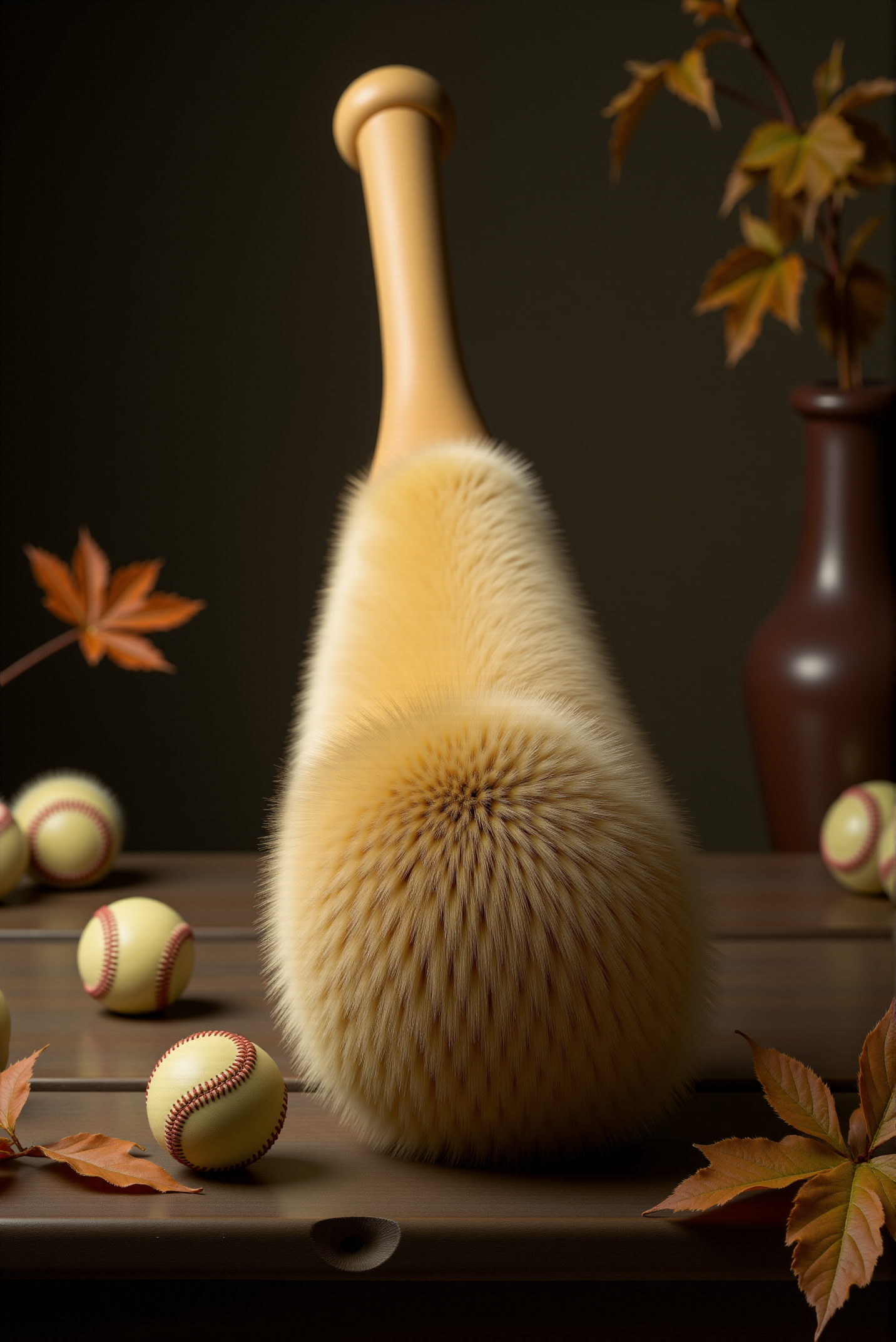 <lora:Fluffy_fur_2:0.9> FluffyFur.  A solid baseball bat, its smooth, cylindrical form covered in airy, short-haired, fluffy fur, the fine strands mirroring the natural grain of the wood, transitioning from warm honey-toned maple to deep, weathered chestnut, with subtle hints of polished ivory near the handle. The fluffy fur is dense, following the gentle taper and rounded barrel of the bat, giving it a surreal yet inviting texture. Tiny, delicate hairs catch the light, creating a soft sheen that mimics the natural lacquered glow of a well-worn bat. The bat rests on a rustic wooden table, surrounded by scattered baseballs and dry autumn leaves, with a gentle breeze hinted in the blurred background, adding a sense of warmth and organic harmony to this strange yet oddly natural creation.