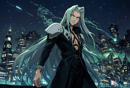 score_9, score_8_up, score_7_up, asymmetrical composition, vaporwave, Lofi, Sephiroth looking board slumped on a stoop overlooking ShinRa tower, shinra_hq, shoulder armor, ShinRa headquarters, night, city, smoke, fog, smog, smoke stacks,, exaggerated perspective emphasizing action, Sephiroth fighting swinging very long sword, long billowing black leather overcoat, pitch black starry sky, solo, beautiful, androgynous, flat chest, leather straps, broad shouldered, high contrast, industrial cityscape background, Netflix, Studio Trigger, ff7, neolight,