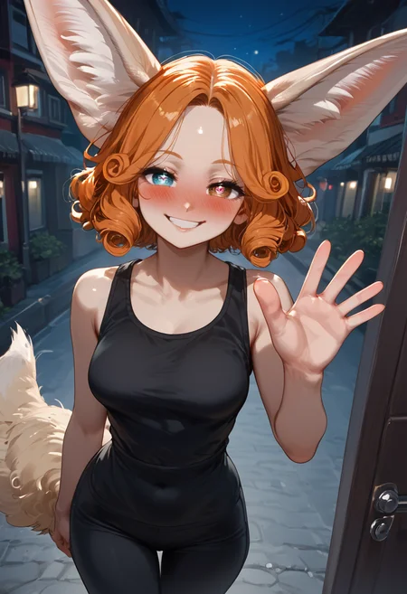 score_9, score_8_up, score_7_up, score_6_up, score_5_up, 1girl, in front door, street lights, standing, night, pov, from above, waving
BREAK <lora:Zara_Orange__Fennec_girl_Pony:1> ,bright orange haired fennec girl ,fluffy fennec ears, heterochromia eyes, rhombus shaped pupils, fennec tail, blushing, half closed eyes, seductive smile, ((adult)), breasts, forehead, short curly hair, bangs, <lora:Breast Slider - Pony_alpha1.0_rank4_noxattn_last:-0.9>, black tanktop, black yoga pants