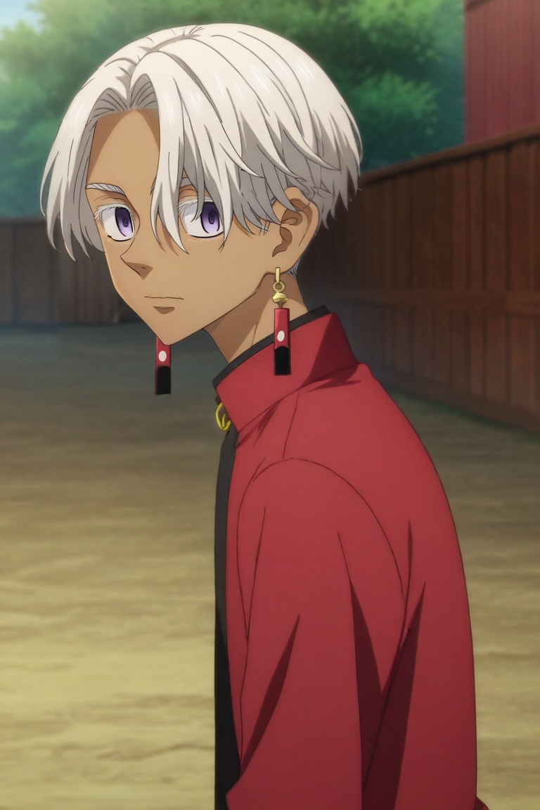 score_9, score_8_up, score_7_up, source_anime, rating_safe, intricate details, anime screencap, , official style, looking at viewer, depth of field, 1boy, solo, male focus, <lora:izana_kurokawa_pony:0.82>, izana_kurokawa, white hair, purple eyes, short hair, dark skin, dark-skinned male, earrings, tassel earrings, from side, farm, plantation, noon, leaning forward, wavy mouth, closed mouth, , <lora:sdxl_lightning_8step_lora:1>