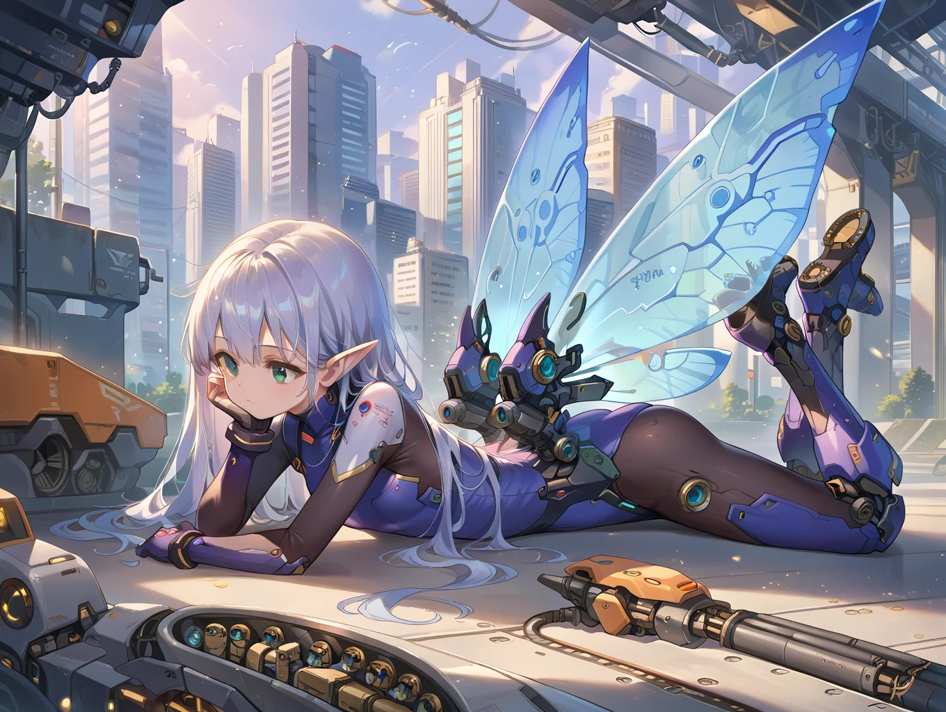 score_9, score_8_up, score_7_up,source_anime,
mechagirl02,
solo,mecha musume, 1girl, bodysuit,mechanical boots, mechanical parts, fairy wings,
light particles,engine, valtava, on stomach,
city,
<lora:roboko-000015:0.7>