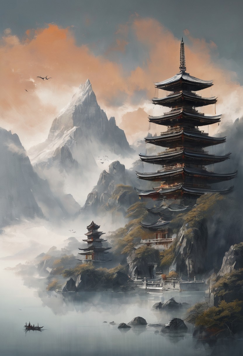 "Serene Sail" - Title: "Temple in the Sky"
Minimalist ink sketch, double exposure effect, featuring a small Buddhist temple nestled high among mountain peaks and glaciers, while a mystical sailboat with a solitary sail glides through vast cumulus clouds, style reminiscent of Nihonga and Ukiyo-E, imbued with a perfect composition, an epic dreamy atmosphere, sharp focus, intricate details, trending on ArtStation, highly detailed work styled by Greg Rutkowski.