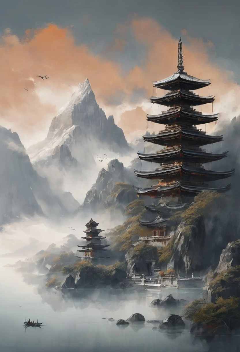 "Serene Sail" - Title: "Temple in the Sky"
Minimalist ink sketch, double exposure effect, featuring a small Buddhist temple nestled high among mountain peaks and glaciers, while a mystical sailboat with a solitary sail glides through vast cumulus clouds, style reminiscent of Nihonga and Ukiyo-E, imbued with a perfect composition, an epic dreamy atmosphere, sharp focus, intricate details, trending on ArtStation, highly detailed work styled by Greg Rutkowski.