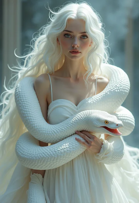 A surreal and hyper-realistic scene featuring a classical beauty dressed in a flowing white silk gown, accompanied by a majestic white snake. The intricate details of her attire and the snake's scales are highlighted, set against a dreamy, ethereal background. The scene is illuminated with soft, magical lighting, enhancing the otherworldly and enchanting atmosphere.
surreal, hyper-realistic, classical beauty, white silk gown, majestic white snake, intricate details, dreamy background, ethereal, soft magical lighting, enchanting, otherworldly, visually stunning, high quality, detailed, sharp clarity, breathtaking, elegant, graceful.
looking at viewer, long hair, white hair,