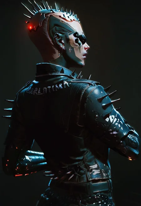 score_9, score_8_up,score_7_up, score_6_up, score_5_up, score_4_up,
BREAK, 1girl, metal scalp with spikes, cybernetic spider eyes, matte black cybernetic arms, light skin, black block tattoos, spiked leather jacket, black sequined pants,
BREAK, portrait, from behind looking back over shoulder, profile, red cybernetic light,
BREAK, aesthetic, wallpaper, high quality, upper body, bright colors, high contrast, dark background, vivid lighting,
SkinHairDetail, OverallDetail, fHandDetail, Expressiveh, gwentstyle, concept art, realistic, dark theme, low light,