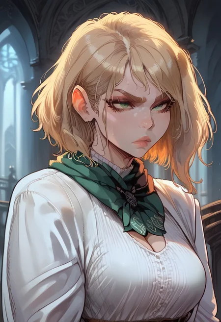 crisp image, score_9, score_8_up, score_7_up, 1girl, RE4Ashley, 1girl, blonde hair, medium hair, green eyes, cute pouting expression, sexy girl, light-skinned female, white woman, petite body, cleavage, medium breasts, medium ass, sweat, detailed frontal lighting, clear image, standing pose, facing viewer, front view, fantasy background, palace, indoors
