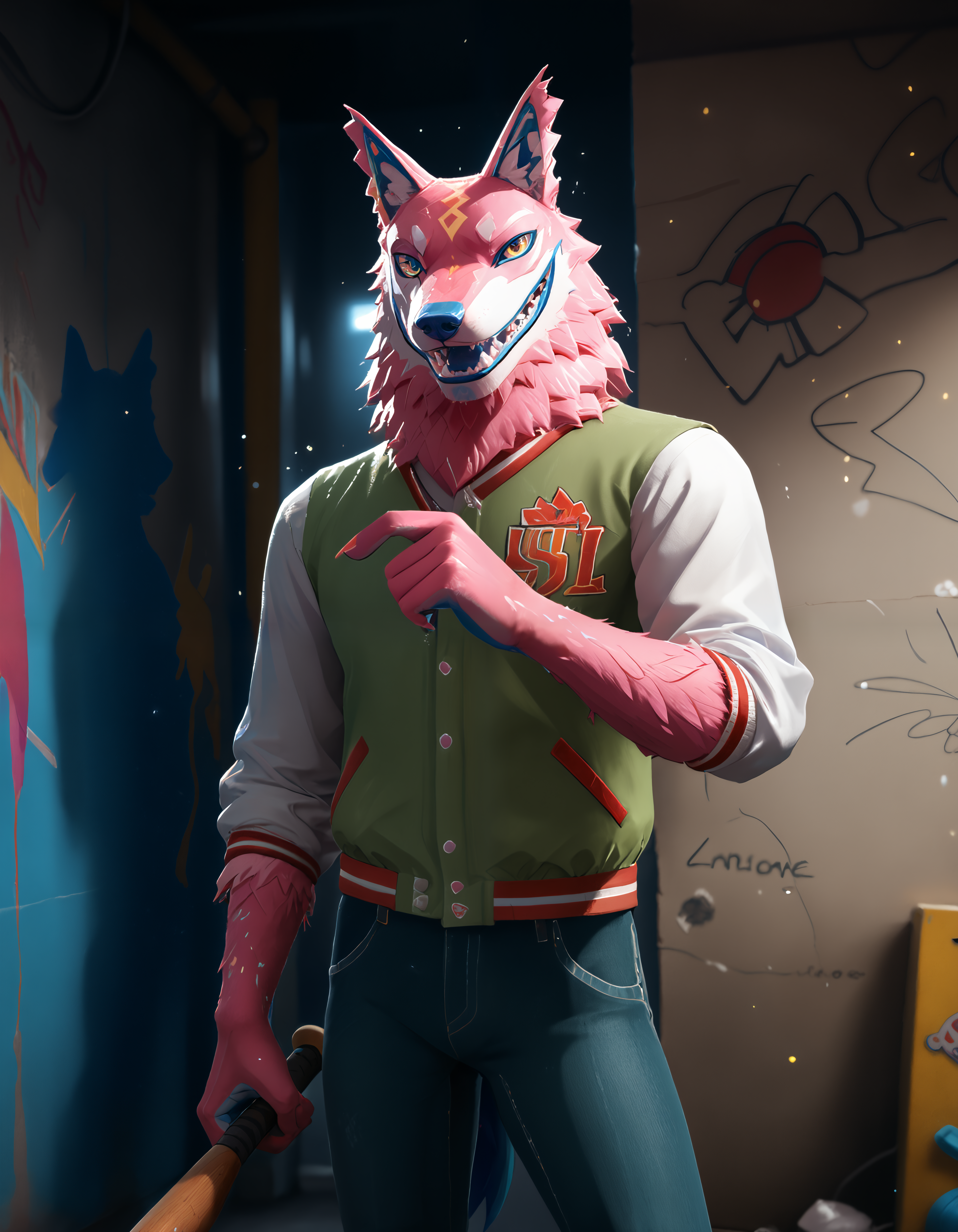 score_9, score_8_up, score_7_up, rating_safe, source_furry, detailed, cinematic lighting, particles, shadow, decals, masterpiece, best quality, ultra realistic, 4k, 2k, film photography, RAW photo, photorealistic, analog style, subsurface scattering, photorealism, <lora:add-detail-xl:3.0>, <lora:2.5DRealisticV2.safetensors:0.35>, <lora:sinfully_stylish_SDXL.safetensors:1.0>, <lora:AdvancedEnhancerXLv2.safetensors:1.0>, dutch angle, anthro, furry, <lora:fortnite_Andy_Fangerson.safetensors:0.9>, Andy Fangerson, (hold baseball bat on shoulder:1.1), wolf, wolf Alebrije, pink fur, blue nose, red Scalera, yellow pupil, no iris, wolf ears, wolf tail, blue tongue, blue pawpads, claws, Jacket, denim pants, upper body, vibemix <lora:Vibemix_Color_Style_PonyXL:1.0>, (graffiti, decals, stickers, paint:1.05), _random-pose__, raised eyebrow,