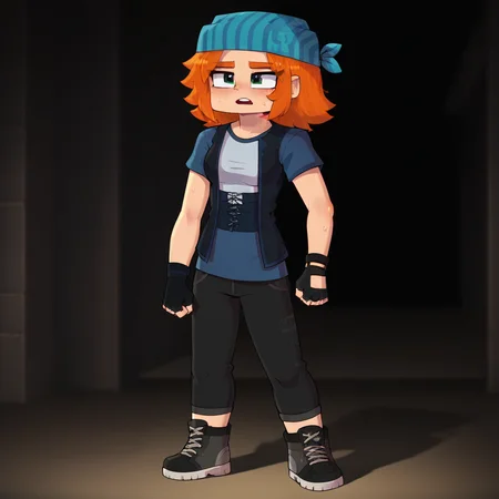 score_9, score_8_up, score_7_up, , 1girl, ginger hair, fingerless gloves, gloves, bandana, blue t-shirt, black sweatpants, solo, standing, full_body,