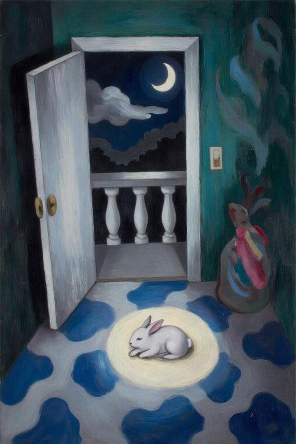 malau1 painting
mawo1 
A painting with a vibrant, abstract style. The scene depicts an room with an open door to a balcony at night. The background features a night sky with clouds and a half moon. The foreground is dominated by a blue and white tiled floor, with a pattern of irregular shapes and lines that create a sense of movement and depth. The is a bright patch of light on the floor, illuminating a a white baby rabbit sleeping on it. 
  <lora:malau1_cap_d6a3e12:1.0><lora:825106970676630538:0>