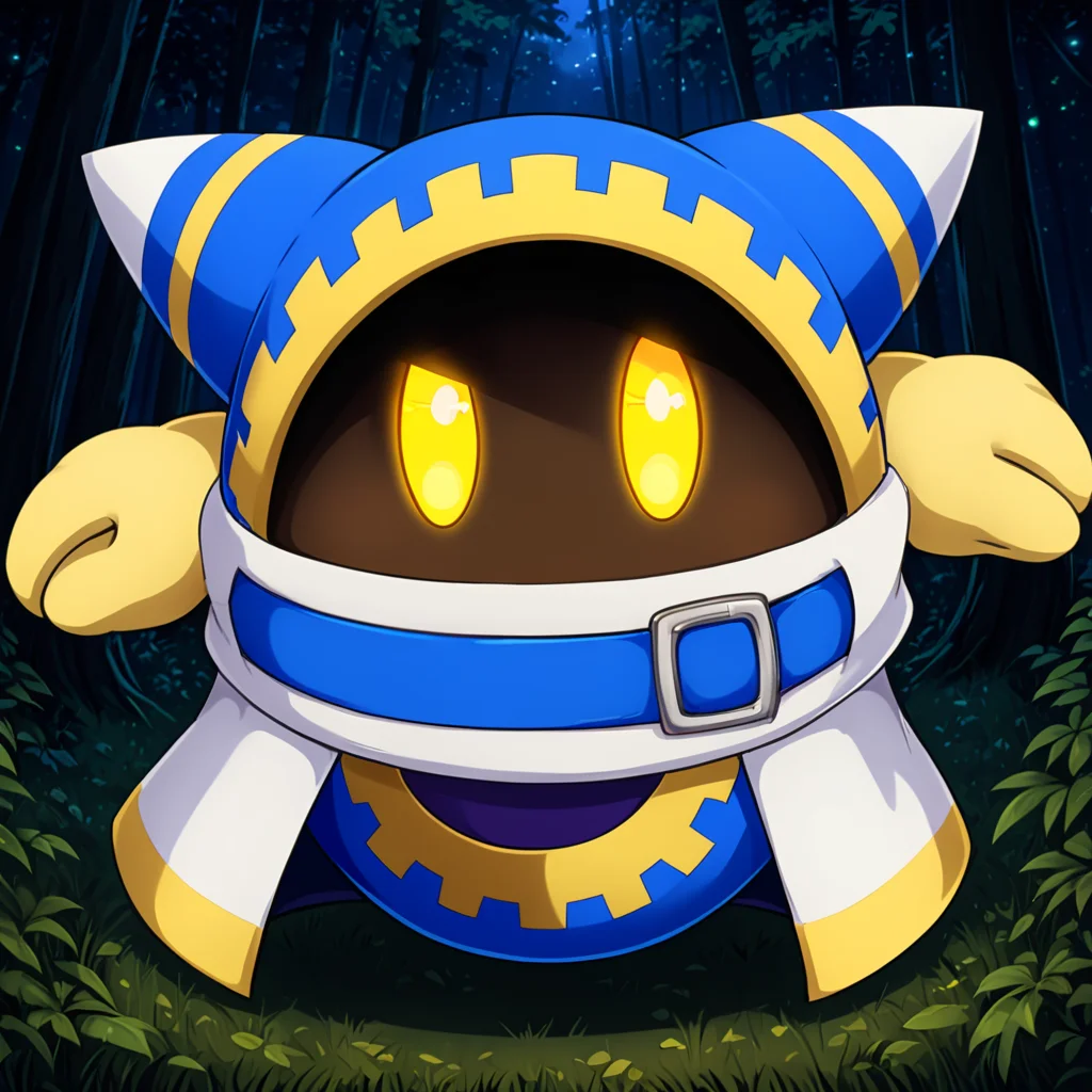 cute forest,  <lora:Magolor:.9> magolor, blue outfit, solo, angry yellow eyes, no humans,belt, cape, glowing eyes, looking at viewer, glowing, buckle,, (anime, masterpiece, intricate:1.3), (best quality, hires textures, high detail:1.2), (4k),(incredibly detailed:1.4),UHD, 8K, ultra detailedâââ