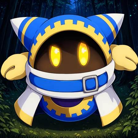 cute forest,  <lora:Magolor:.9> magolor, blue outfit, solo, angry yellow eyes, no humans,belt, cape, glowing eyes, looking at viewer, glowing, buckle,, (anime, masterpiece, intricate:1.3), (best quality, hires textures, high detail:1.2), (4k),(incredibly detailed:1.4),UHD, 8K, ultra detailedâââ