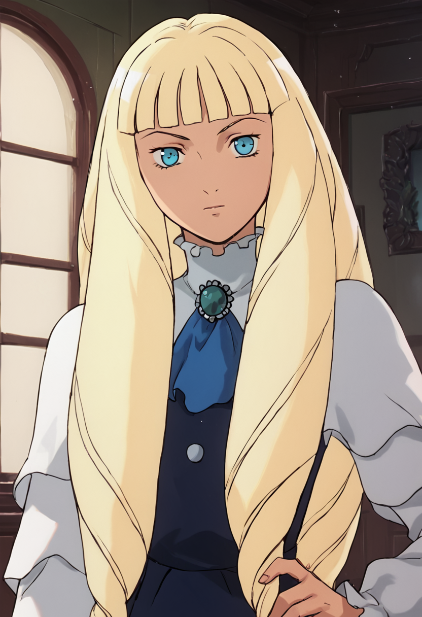 <lora:KihelTurnAPony1.0:1>kihel, 1girl, solo, blonde hair, long hair, drill hair, blue eyes, bangs, dress, upper body, looking at viewer,,brooch, score_9, score_8_up, score_7_up, score_6_up, score_5_up, score_4_up, looking at viewer, hand on own hip, cowboy shot,