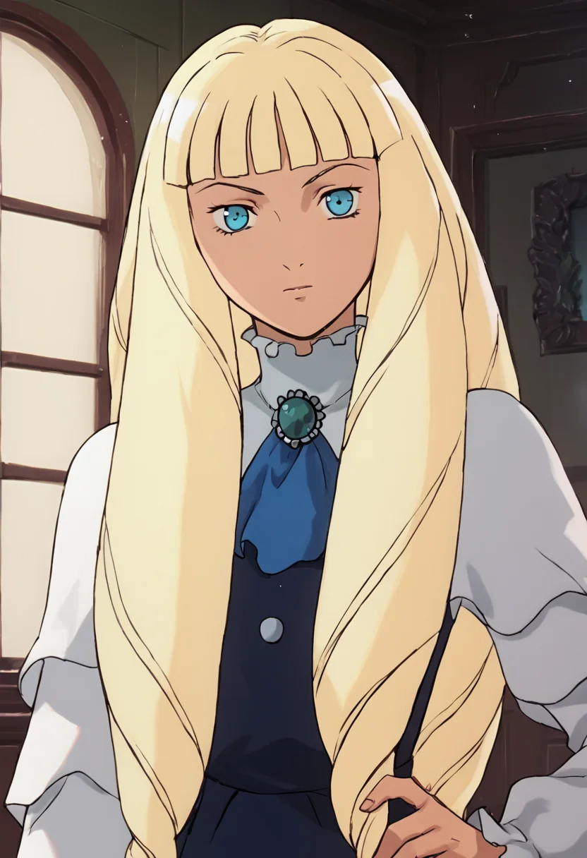 <lora:KihelTurnAPony1.0:1>kihel, 1girl, solo, blonde hair, long hair, drill hair, blue eyes, bangs, dress, upper body, looking at viewer,,brooch, score_9, score_8_up, score_7_up, score_6_up, score_5_up, score_4_up, looking at viewer, hand on own hip, cowboy shot,