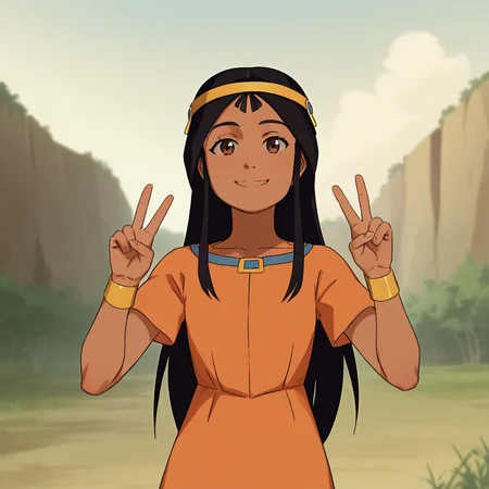 score_9_up, score_8_up, BREAK, Zia, 1girl , solo, dark-skinned female, brown eyes, black hair, long hair, headband, orange dress, cowboy shot, <lora:Zia_CityOfGold_PXL_Leaf2:0.8>, outdoors, smile, looking at viewer, double v,