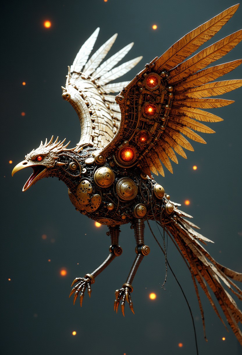 a steampunk mechanical bird, brass, springs, led lights, cables, taking flight, mythp0rt