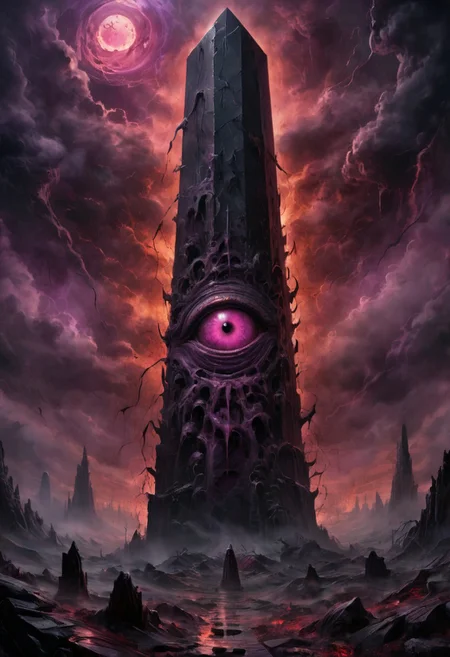 close view on obsidian obelisk, horror atmosphere, EdobHorrorLandscape, purple veins on obelisk, huge eye above, it watches, something lurks in the dark, sphere in the sky many eyes looking from it, dark night, very busy sky, storm, dim fog, atmospheric, (red glow), romantic impressionism, absurdres, scenery art, matte painting, horror, beautiful digital painting, anime landscape, scary painting, paintlike, dreamy,