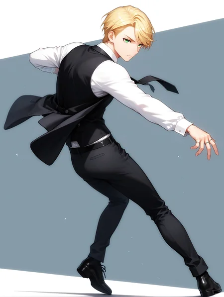 masterpiece, very aesthetic, best quality, solo, dynamic angle, amazing quality, 25 years old, masculine, fit body, male, imtdfelixfathom, 1boy, blonde hair, vest, short hair, shirt, necktie, green eyes, back vest, white shirt, long sleeves, pants, formal, black necktie, collared shirt, waistcoat, swept bangs, ring, black footwear, full body, two tone background
